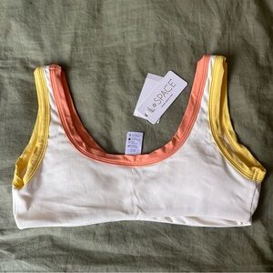 l*space White Ribbed Scoop Bralette with Coral and Yellow Trim